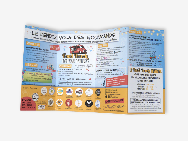 Dépliant 3 volets roulés Food Truck Festival Gaillac – impression Imprimerie Rhode